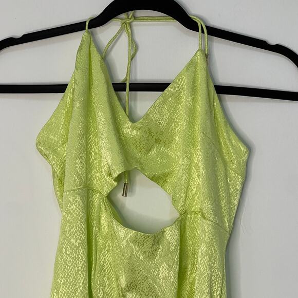 AFRM Radish Dress in Lime Green Snake Jacquard Midi Halter Front Cutout Slip NWT - Picture 4 of 13